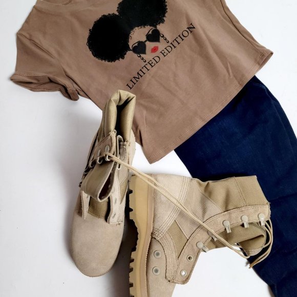 Women Crop Top Bohemian Clothes Short Sleeve Graphic Tee Brown Black - Picture 4 of 4